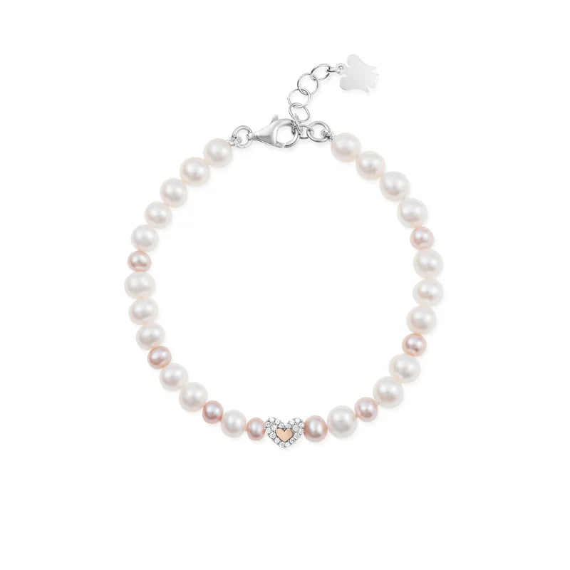 Roberto Giannotti | Bracciale di perle bianche e rosa con cuore e zirconi in argento rosato