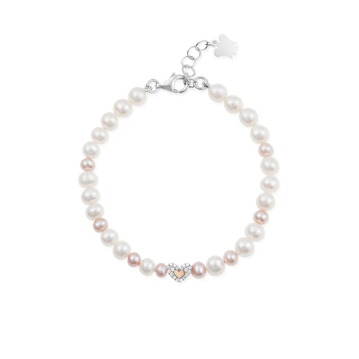 Roberto Giannotti | Bracciale di perle bianche e rosa con cuore e zirconi in argento rosato