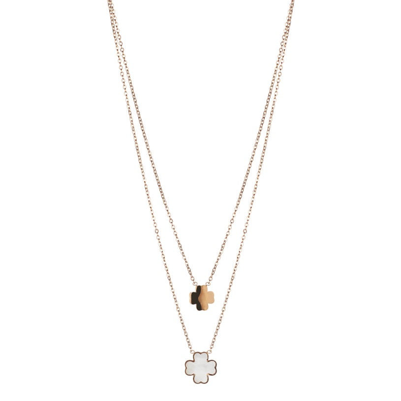 Sovrani | Collana doppio filo con quadrifogli/finitura rosè,pendenti in madreperla