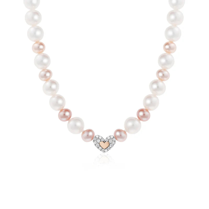 Roberto Giannotti | Collana di perle bianche e rosa con cuore e zirconi in argento rosato