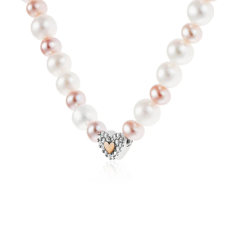 Roberto Giannotti | Collana di perle bianche e rosa con cuore e zirconi in argento rosato