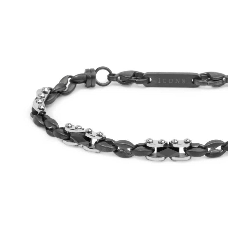 Marlù |Bracciale catena marine con elementi acciaio e ceramica sfaccettata nera lucida