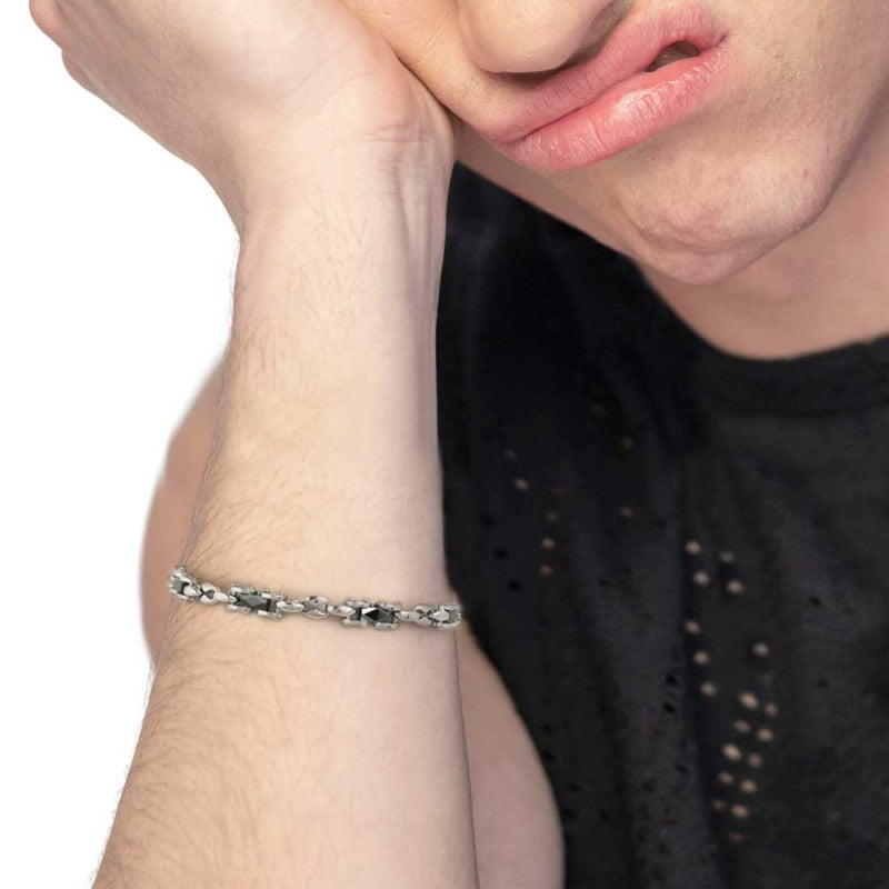 Marlù |Bracciale catena marine con elementi acciaio e ceramica sfaccettata nera lucida