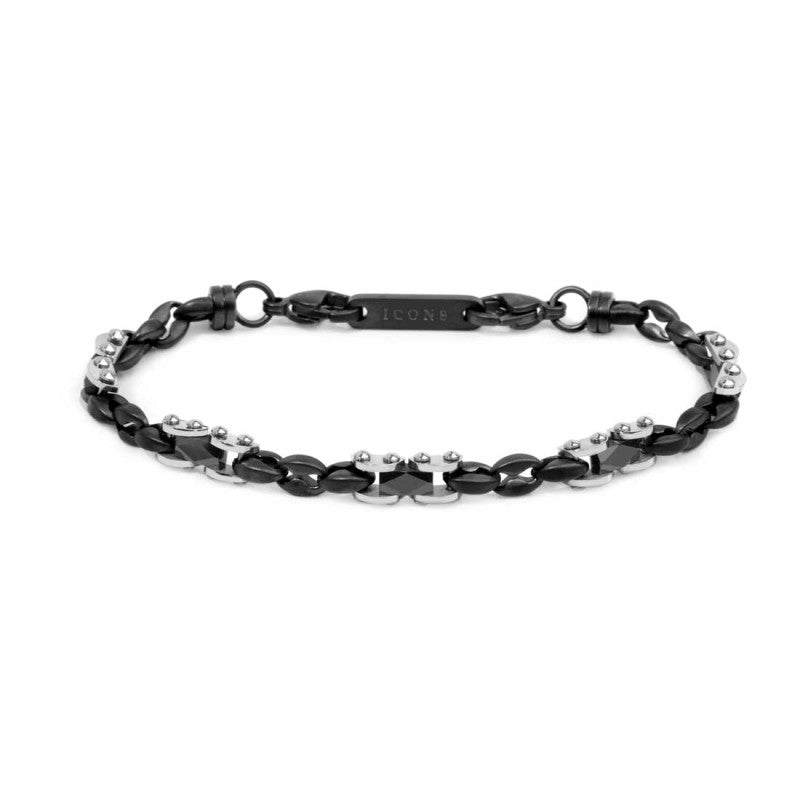 Marlù |Bracciale catena marine con elementi acciaio e ceramica sfaccettata nera lucida