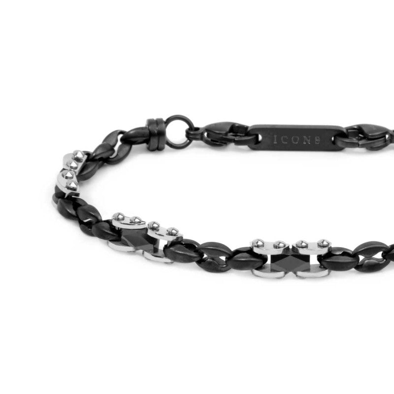 Marlù |Bracciale catena marine con elementi acciaio e ceramica sfaccettata nera lucida