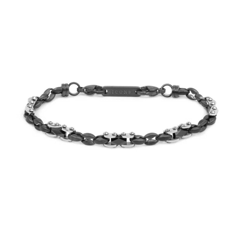 Marlù |Bracciale catena marine con elementi acciaio e ceramica sfaccettata nera lucida