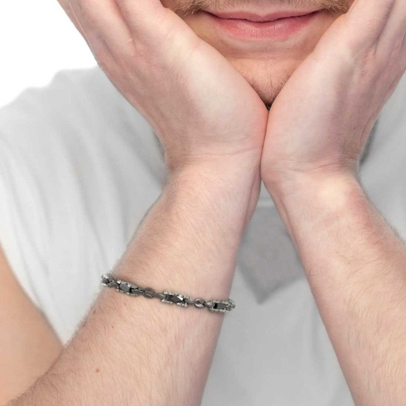 Marlù |Bracciale catena marine con elementi acciaio e ceramica sfaccettata nera lucida