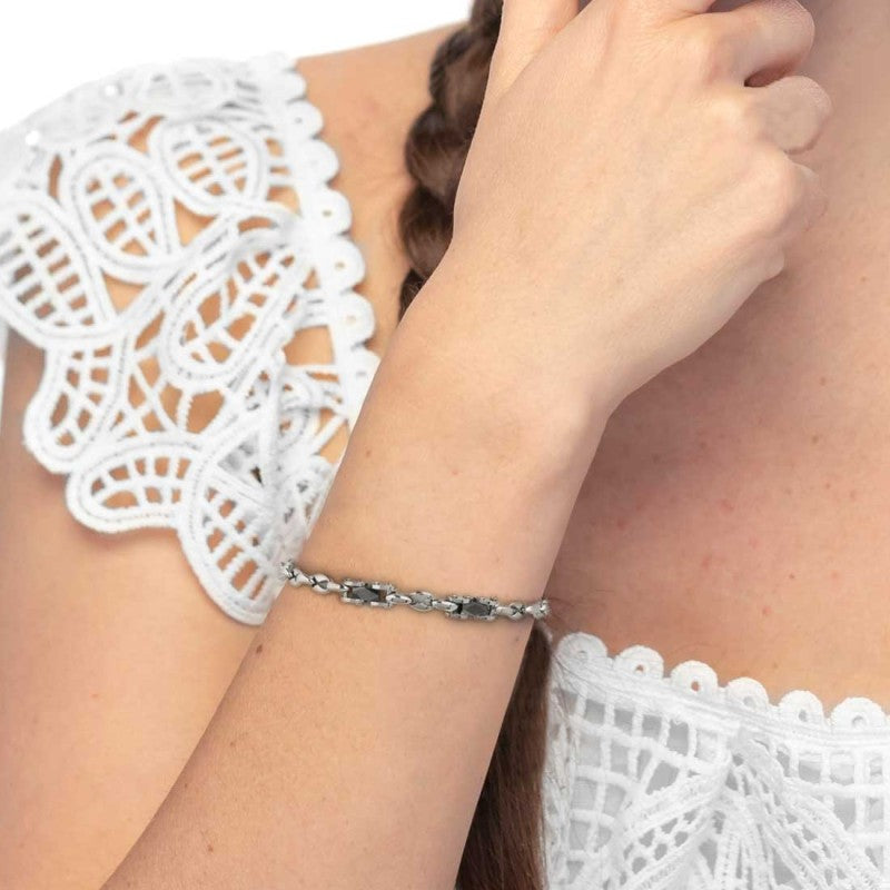 Marlù |Bracciale catena marine con elementi in acciaio con ceramica sfaccettata nera lucida