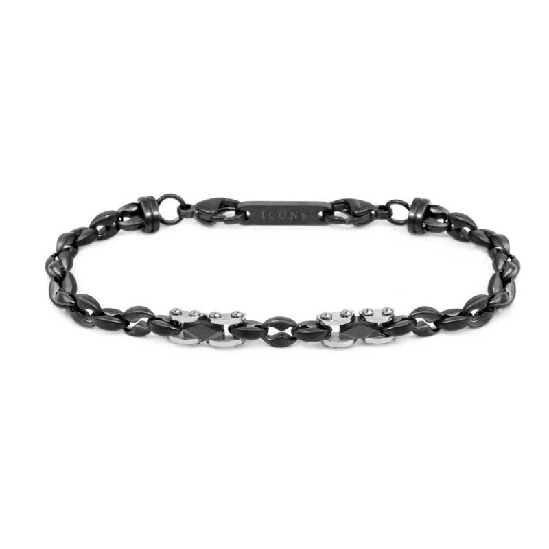 Marlù |Bracciale catena marine con elementi in acciaio con ceramica sfaccettata nera lucida