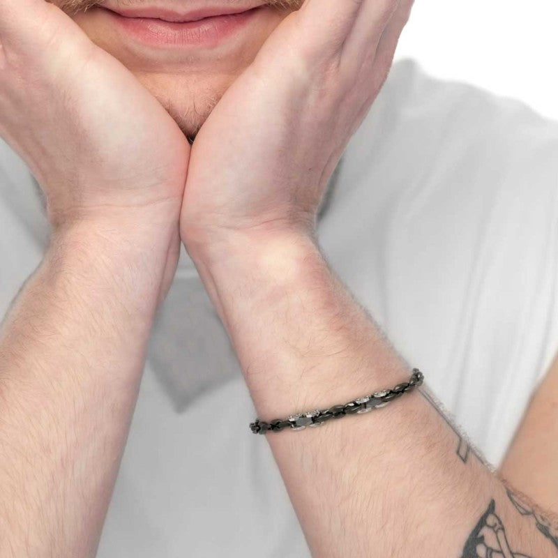 Marlù |Bracciale catena marine con elementi in acciaio con ceramica sfaccettata nera lucida
