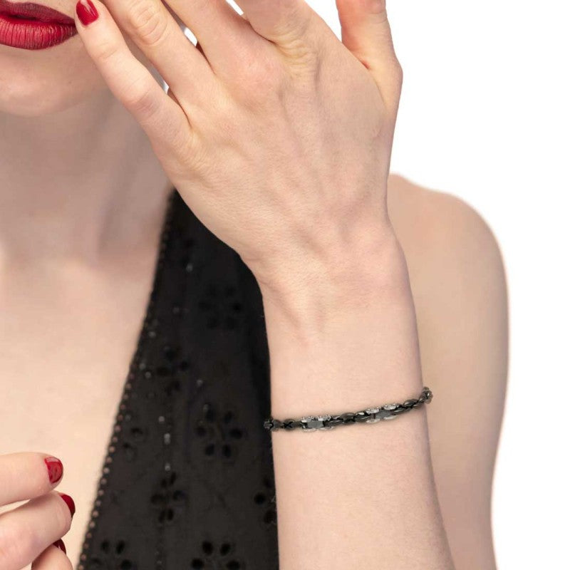 Marlù |Bracciale catena marine con elementi in acciaio con ceramica sfaccettata nera lucida