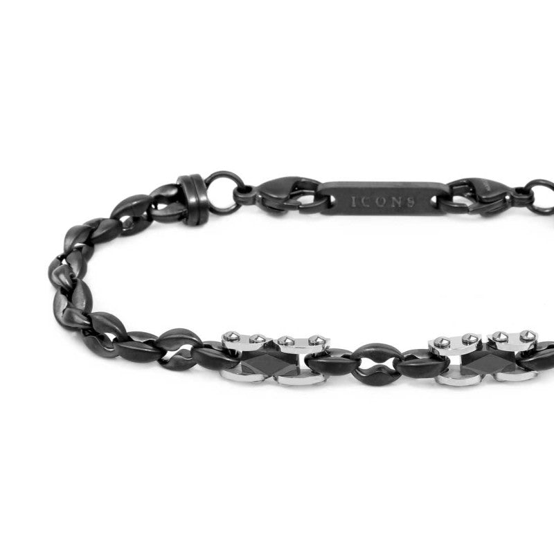 Marlù |Bracciale catena marine con elementi in acciaio con ceramica sfaccettata nera lucida