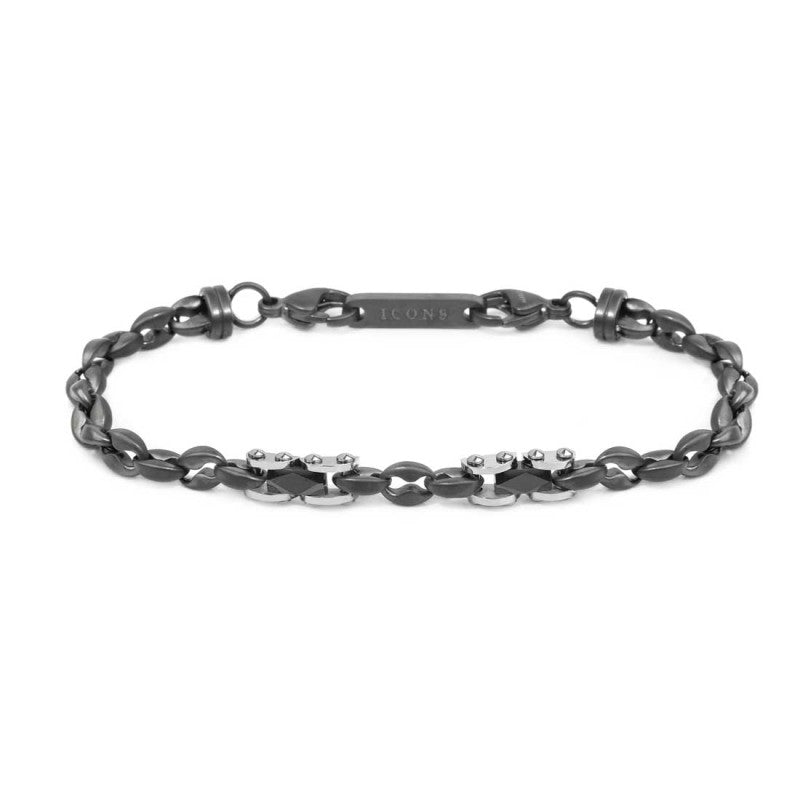 Marlù |Bracciale catena marine con elementi in acciaio con ceramica sfaccettata nera lucida