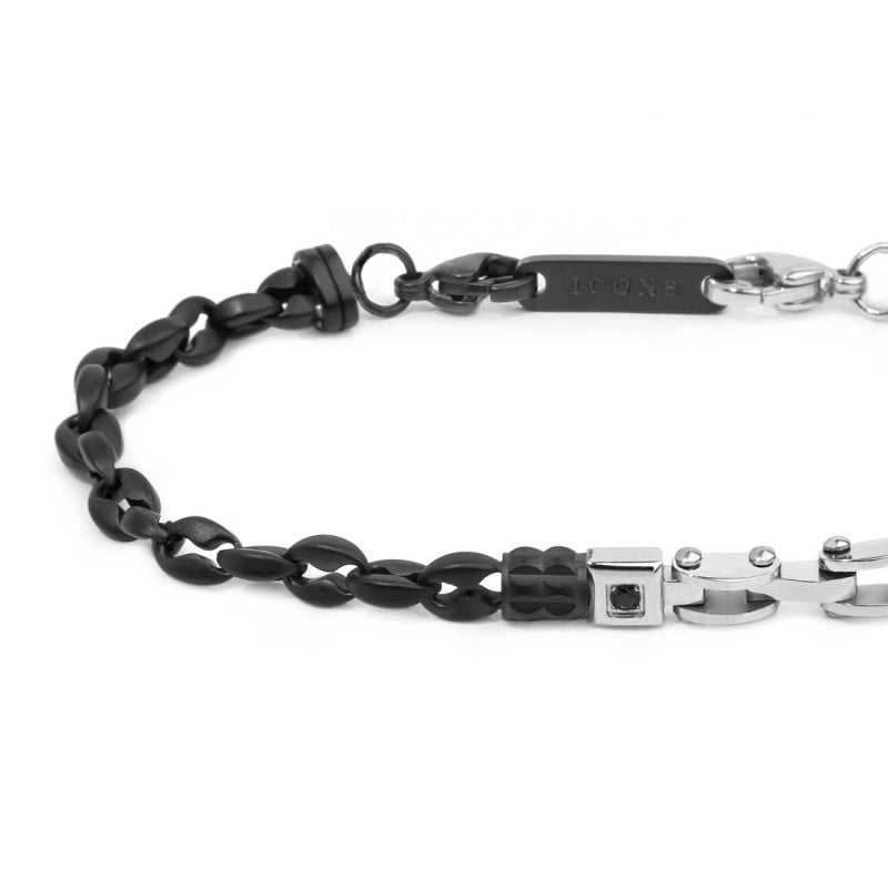 Marlù | Bracciale catena marine e catena con elementi in acciaio e in ceramica sfaccettata nera lucida