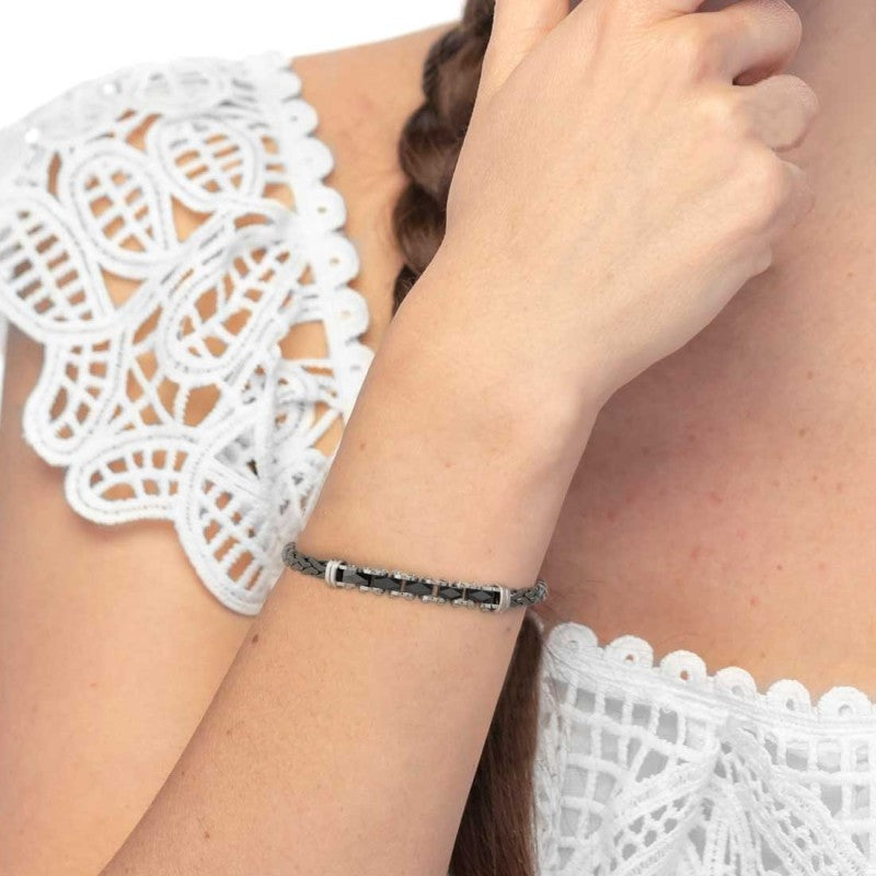 Marlù |Bracciale catena sonaglio piatta centrale con elementi in ceramica sfaccettata nera lucida