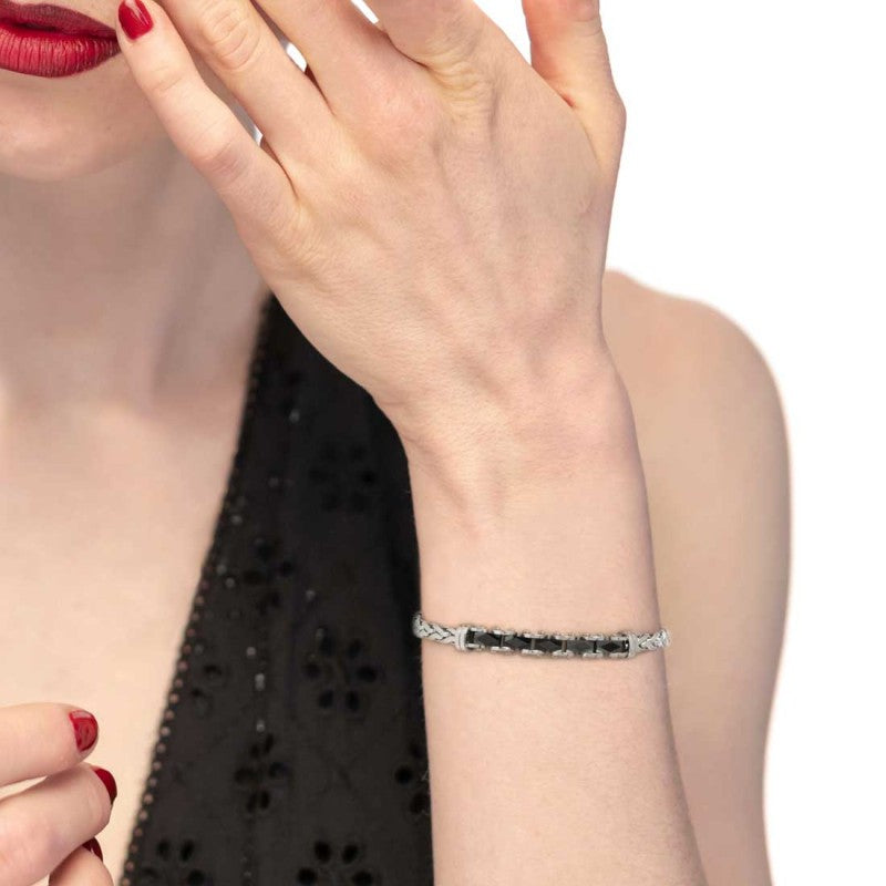 Marlù |Bracciale catena sonaglio piatta centrale con elementi in ceramica sfaccettata nera lucida