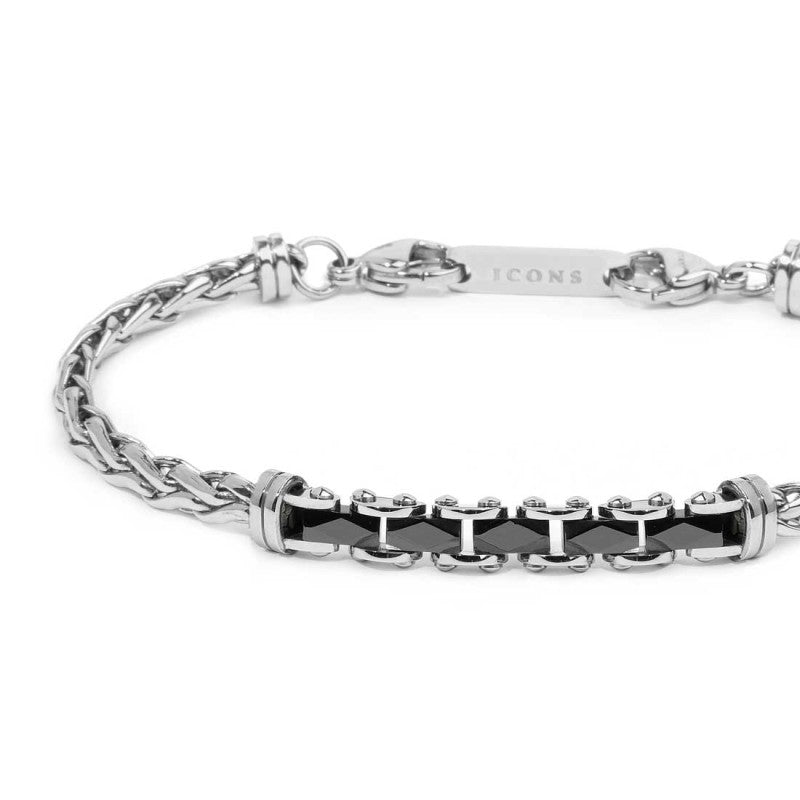 Marlù |Bracciale catena sonaglio piatta centrale con elementi in ceramica sfaccettata nera lucida