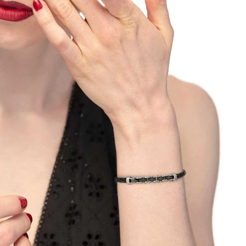 Marlù |Bracciale catena sonaglio piatta centrale con elementi in ceramica sfaccettata nera lucida