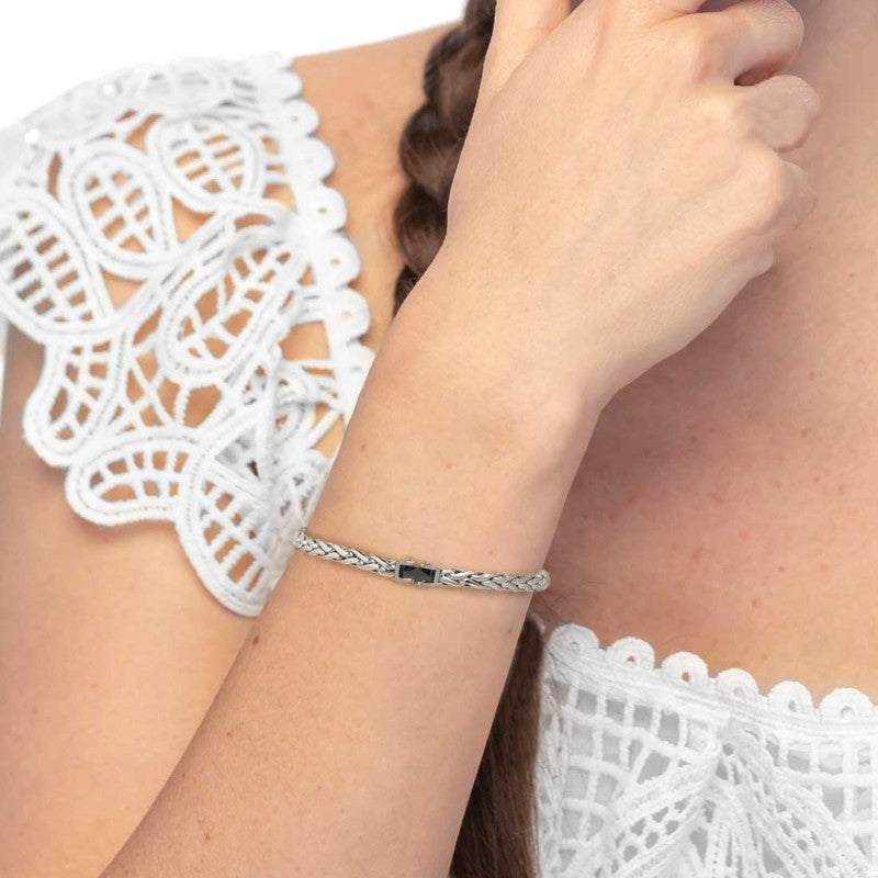 Marlù | Bracciale catena sonaglio piatta con elemento centrale in ceramica sfaccettata nera lucida