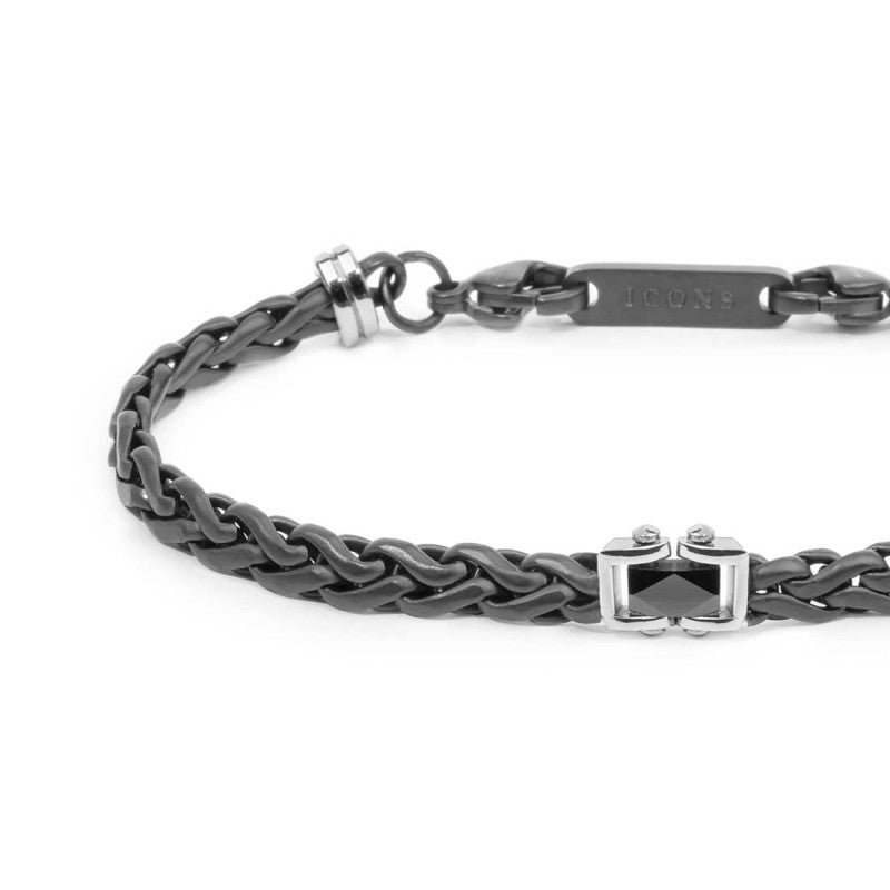 Marlù | Bracciale catena sonaglio piatta con elemento centrale in ceramica sfaccettata nera lucida