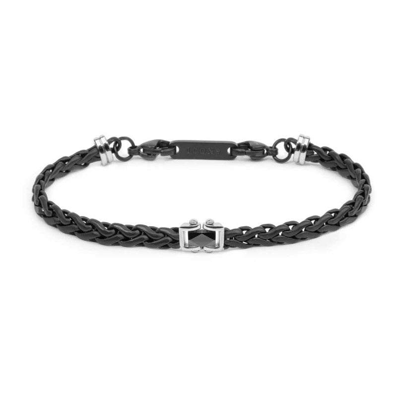 Marlù | Bracciale catena sonaglio piatta con elemento centrale in ceramica sfaccettata nera lucida