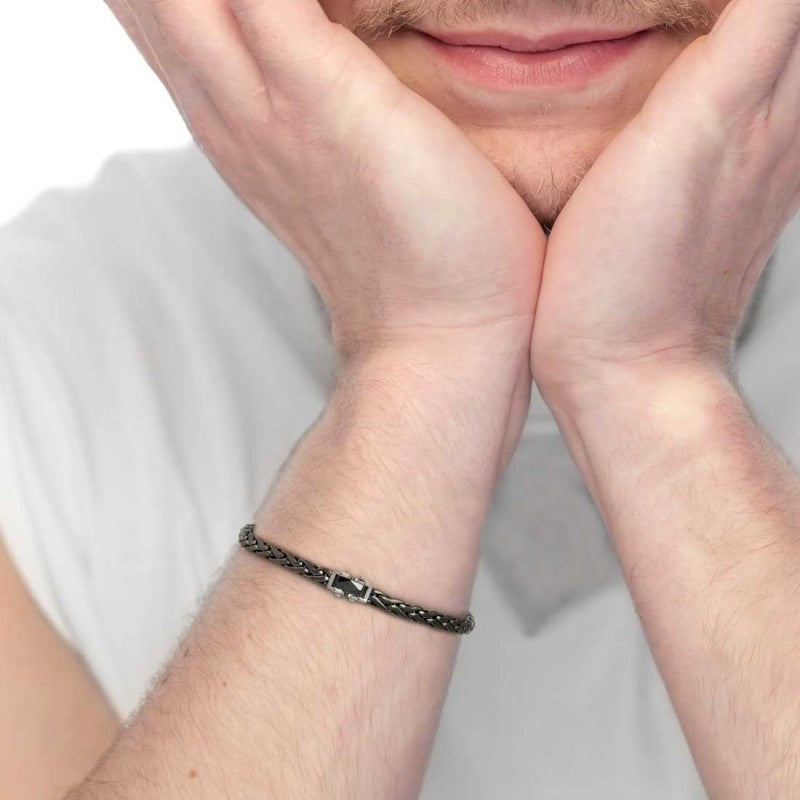 Marlù | Bracciale catena sonaglio piatta con elemento centrale in ceramica sfaccettata nera lucida