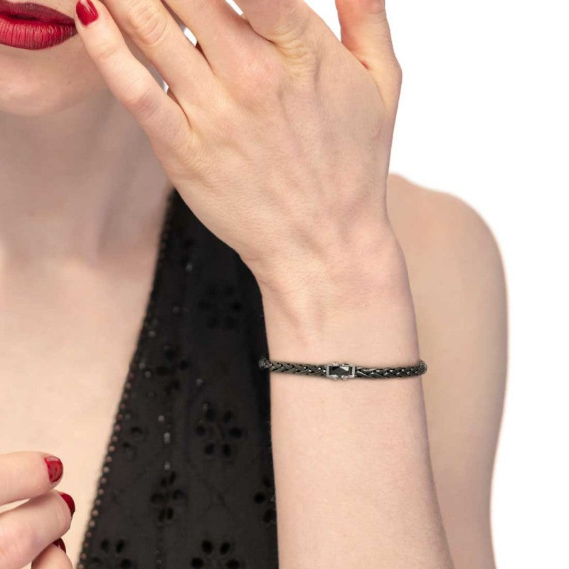 Marlù | Bracciale catena sonaglio piatta con elemento centrale in ceramica sfaccettata nera lucida