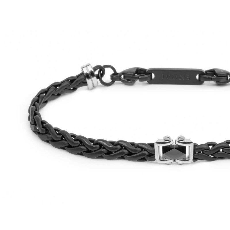 Marlù | Bracciale catena sonaglio piatta con elemento centrale in ceramica sfaccettata nera lucida