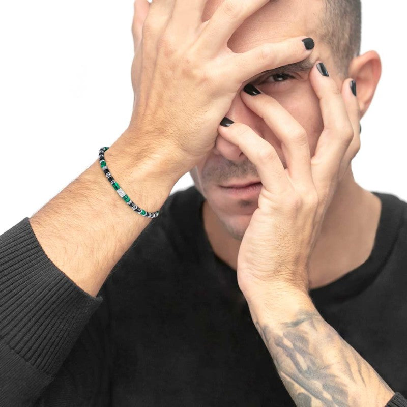 Marlù | Bracciale con rondelle in malachite ed onice nera e cilindro diamantato