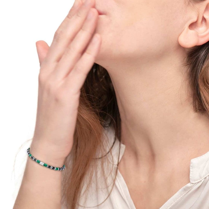 Marlù | Bracciale con rondelle in malachite ed onice nera e cilindro diamantato