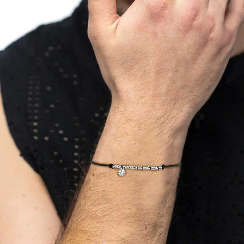 Marlù | Bracciale cordino con elementi acciaio e zircone pendente