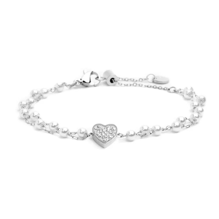 Marlù | Bracciale cuore cristalli doppia catena con perle