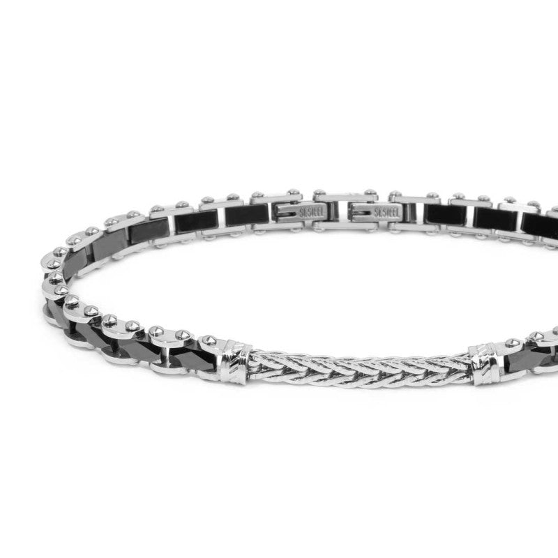 Marlù |Bracciale elementi ceramica sfaccettata nera lucida e centrale con catena foxtail piatta