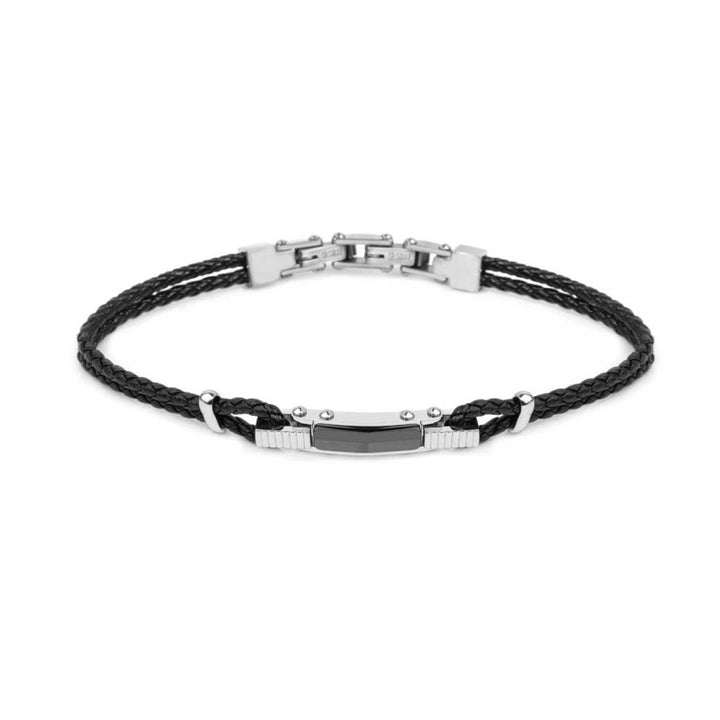 Marlù |Bracciale pelle nera intrecciata elemento centrale ceramica sfaccettata nera lucida
