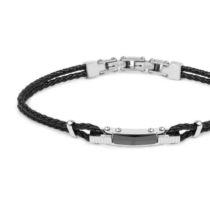 Marlù |Bracciale pelle nera intrecciata elemento centrale ceramica sfaccettata nera lucida