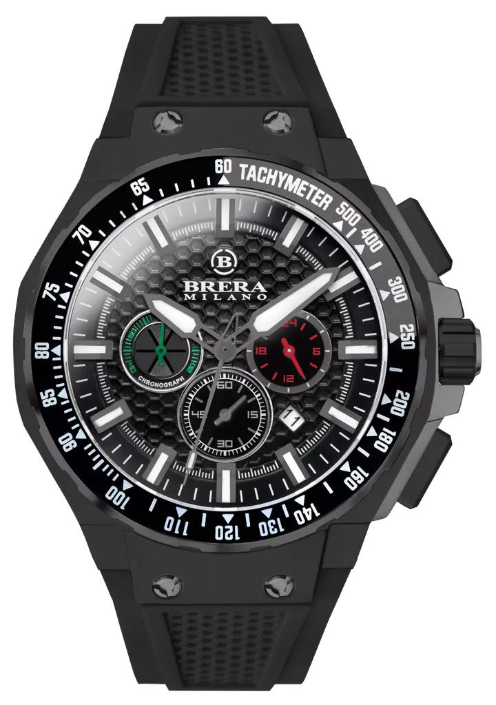 Brera Milano Orologio Uomo Granturismo GT2 45mm Cronografo Al Quarzo Cassa Nera, Quadrante Nero - Cinturino gomma naturale Blu Brera Milano Orologio Uomo Granturismo GT2 45mm Cronografo Al Quarzo Cassa Nera, Quadrante Nero - Cinturino gomma naturale Blu