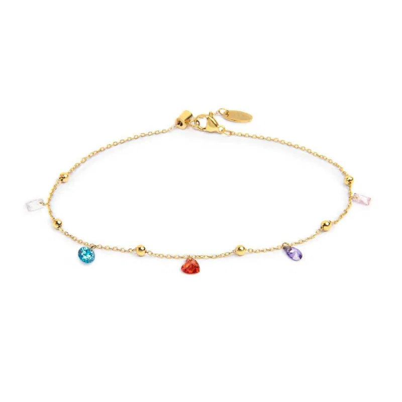 Marlù |Cavigliera con zirconi baguette e cuori pendenti colorati