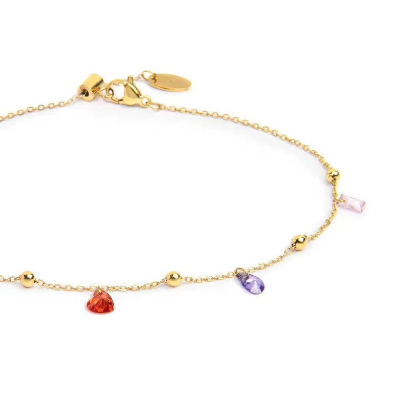 Marlù |Cavigliera con zirconi baguette e cuori pendenti colorati