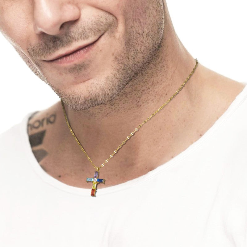 Marlù | Collana croce pendente con cristalli baguette