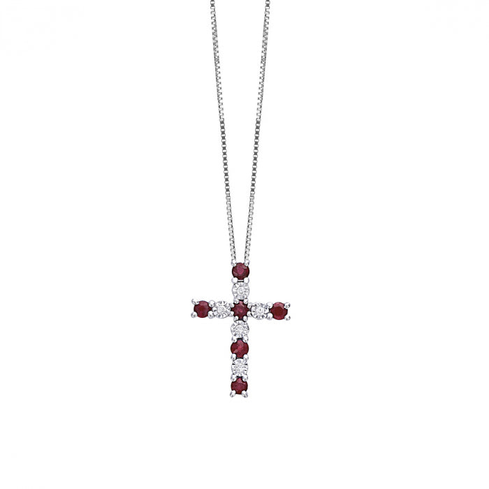 Bliss Gioielli  | Collana croce in oro bianco con diamanti e rubini
